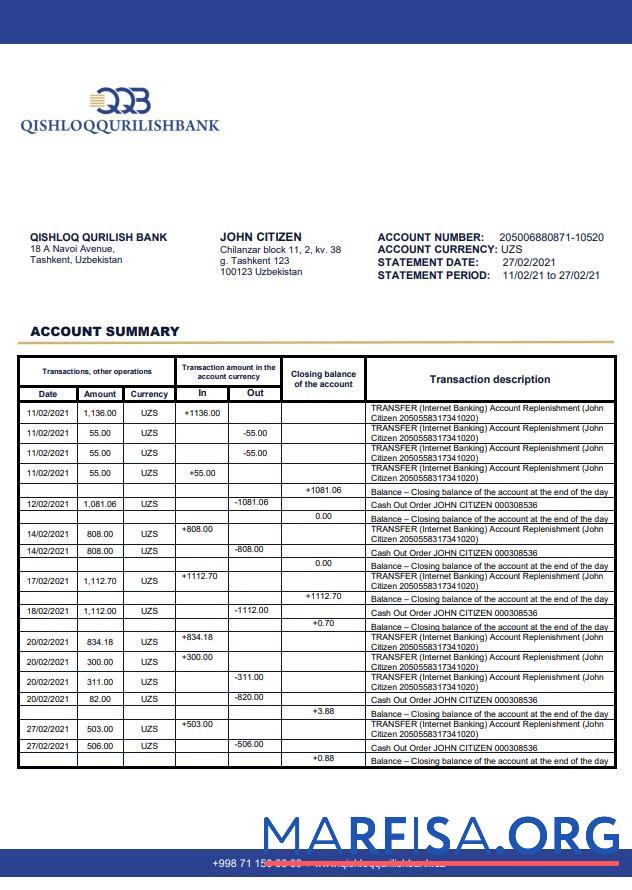 Blank Uzbekistan Qishloq Qurilish bank statement word sample